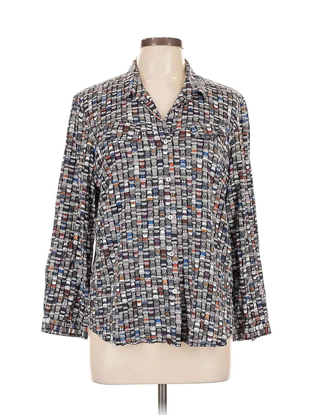 NIC+ZOE Perk Up Live In Shirt - Colorful Coffee Cup Print VG Sz L